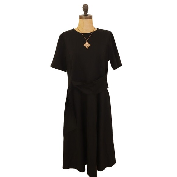 Fenjar Knee Length Flared Dress Size XL Short Sleeve Tie Waist Black NWT B55 - Picture 2 of 5